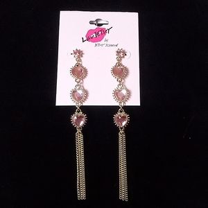 New! BETSEY JOHNSON Luv Betsey Pink Heart Crystal & Tassel Dangle Earrings.